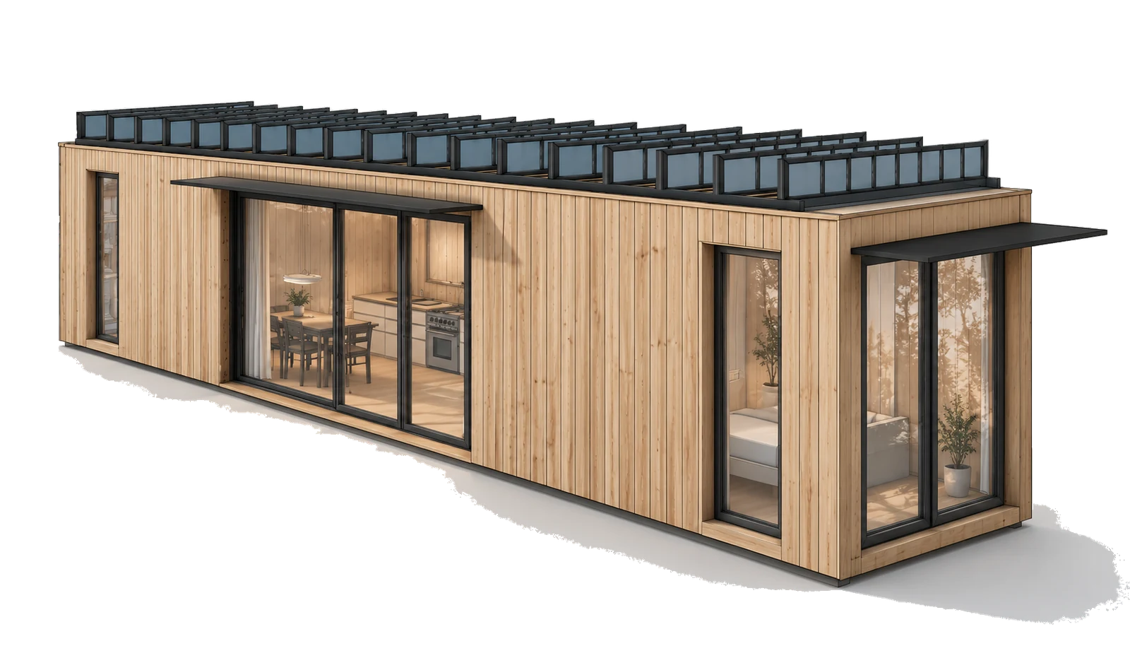 Exterior three-quarter view of a timber-clad Zongosol home, terrace side