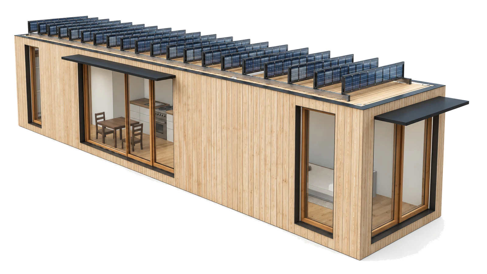 Exterior three-quarter view of a timber-clad Zongosol home showing the vertical solar array